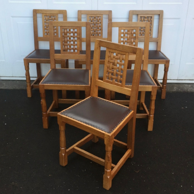 Robert Thompson ‘Mouseman’, Set of 6 High Lattice Back Dining Chairs