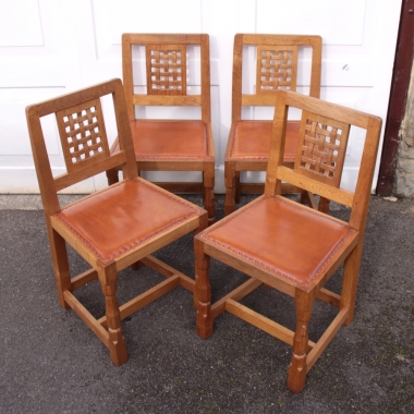 Robert ‘Mouseman’ Thompson Set of 4 Oak Lattice Dining Chairs