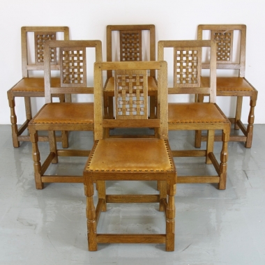Sid Pollard ‘ex Mouseman’ Set of 6 Oak Lattice Back Dining Chairs